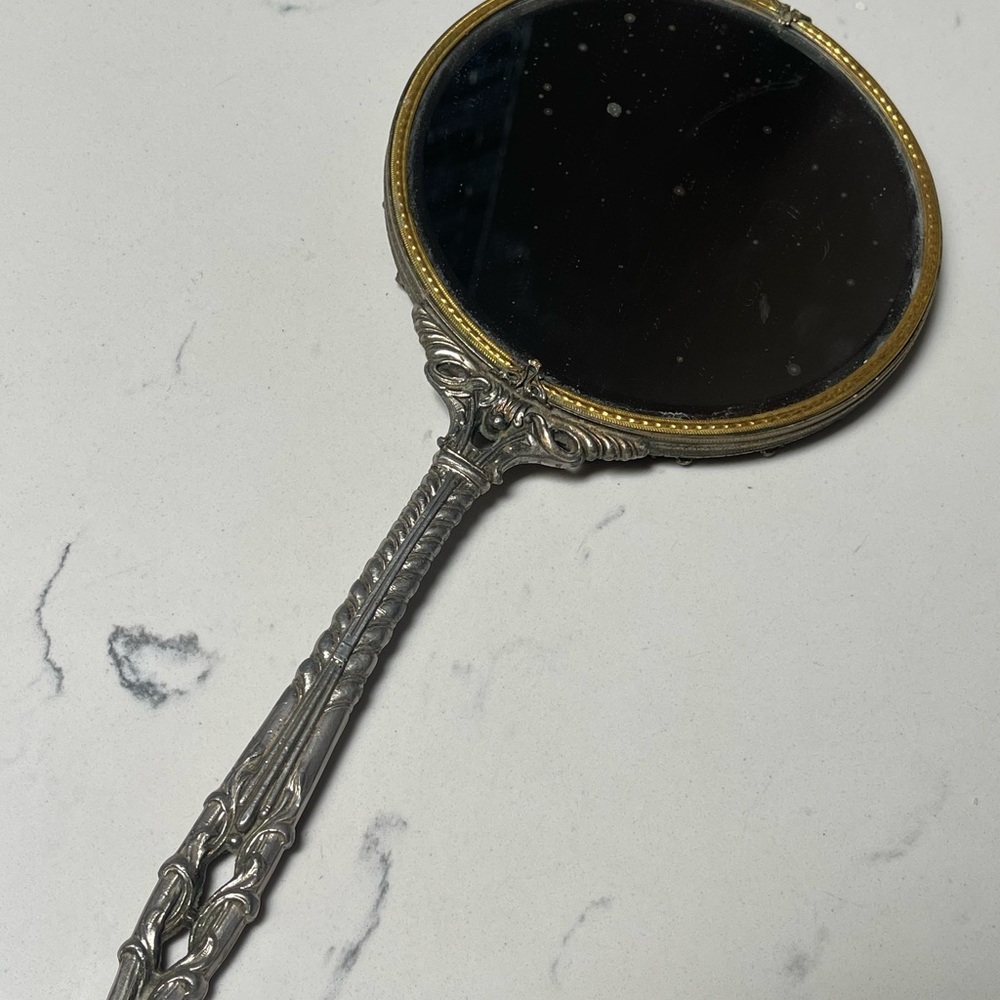 Antique French Gild Beveled Hand Mirror Filigree Floral Scroll 14”